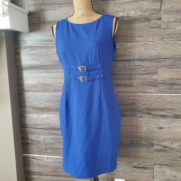 Calvin Klein Modern Atlantis Double Buckle Gold Waist Dress Cobalt Blue 10P * - Picture 1 of 11